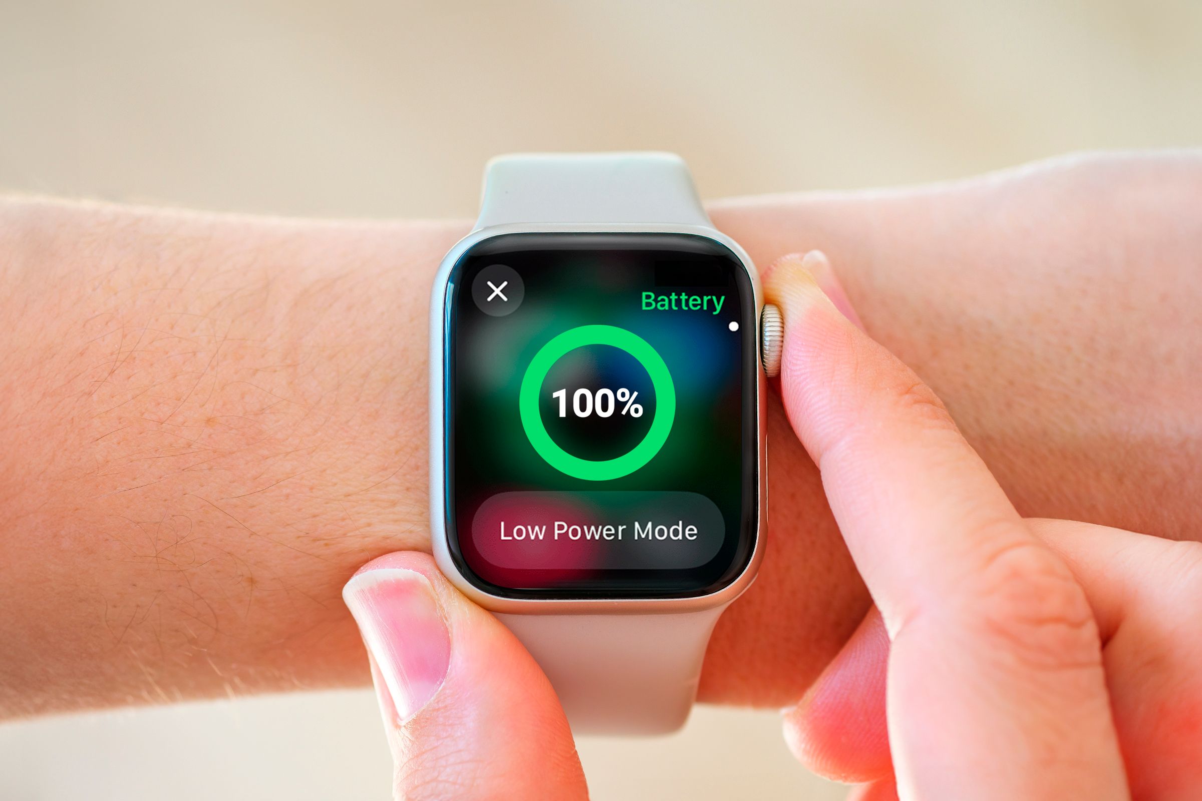 An Apple Watch displaying battery life.