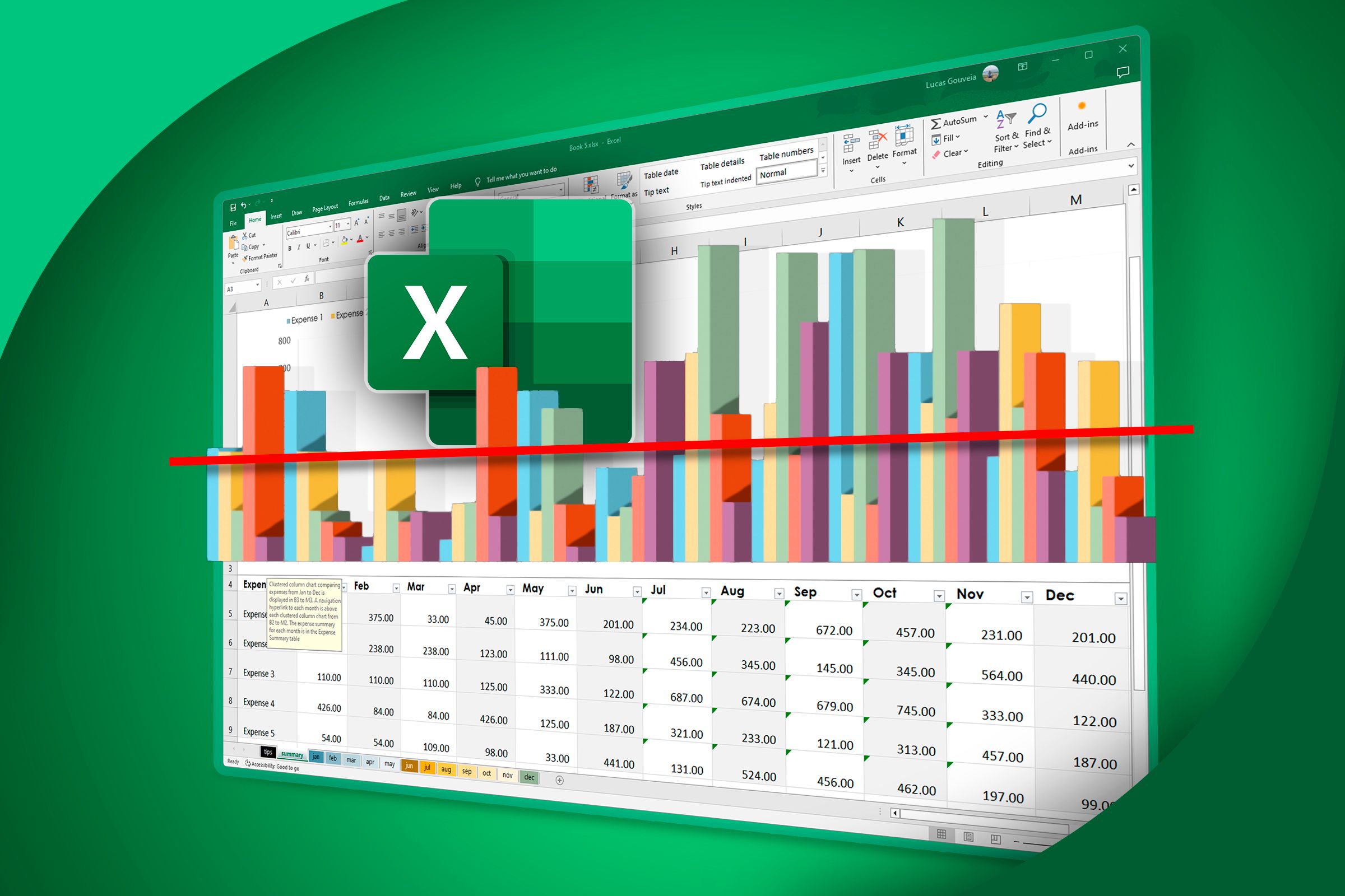 An Excel spreadsheet with a 3D chart and the Excel logo.