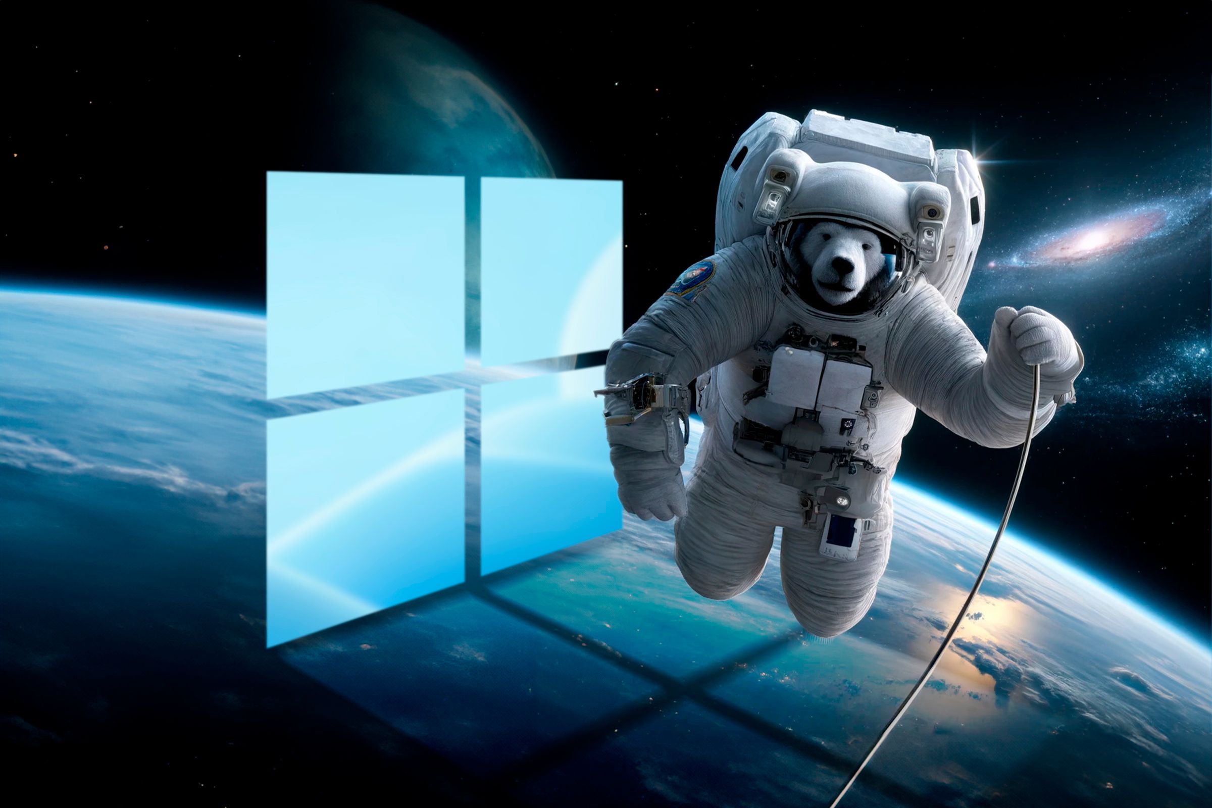 An image of an astronaut polar bear generated by artificial intelligence and the Windows logo.