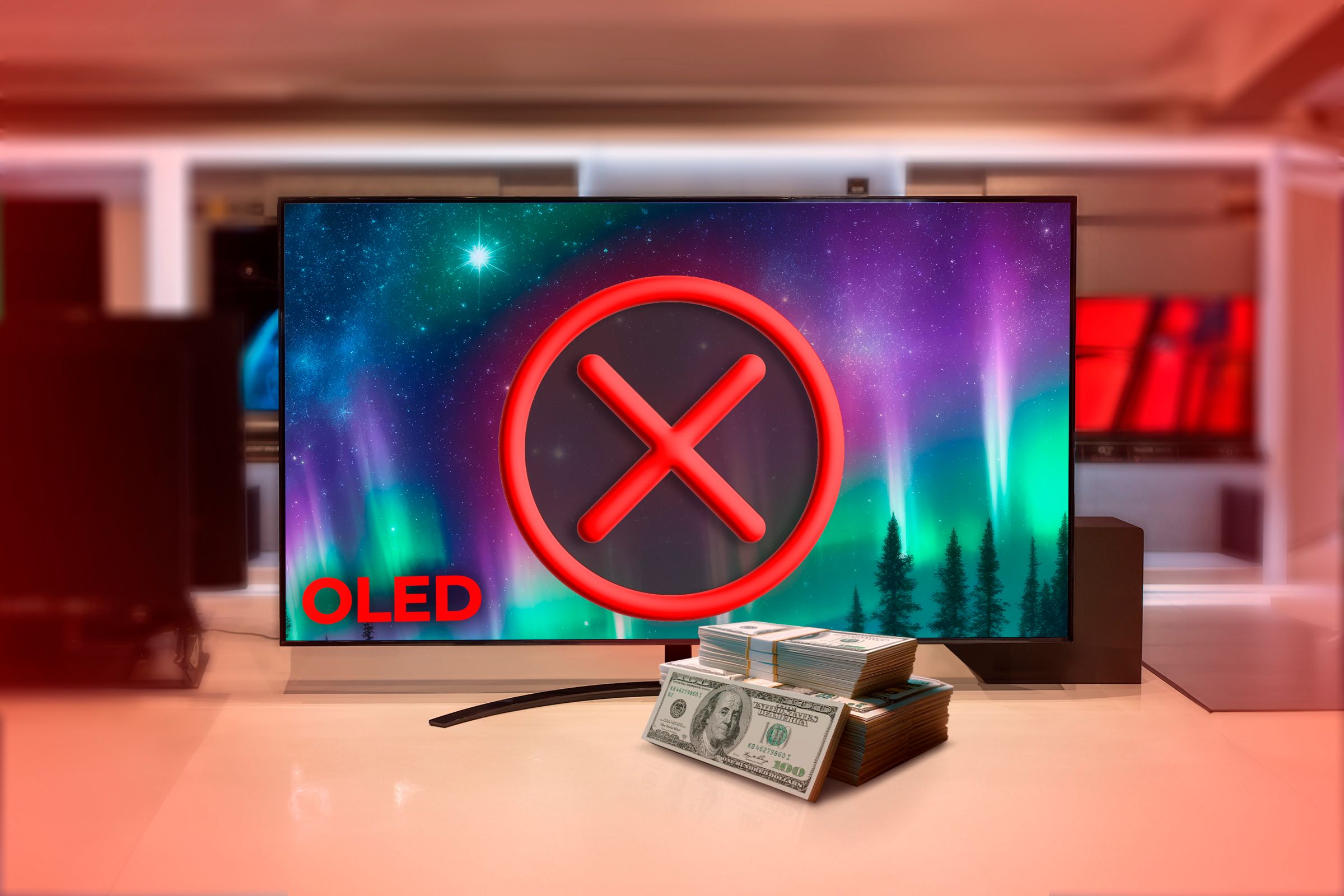 An OLED monitor in a store with a bundle of money and a 'no' symbol in the center.