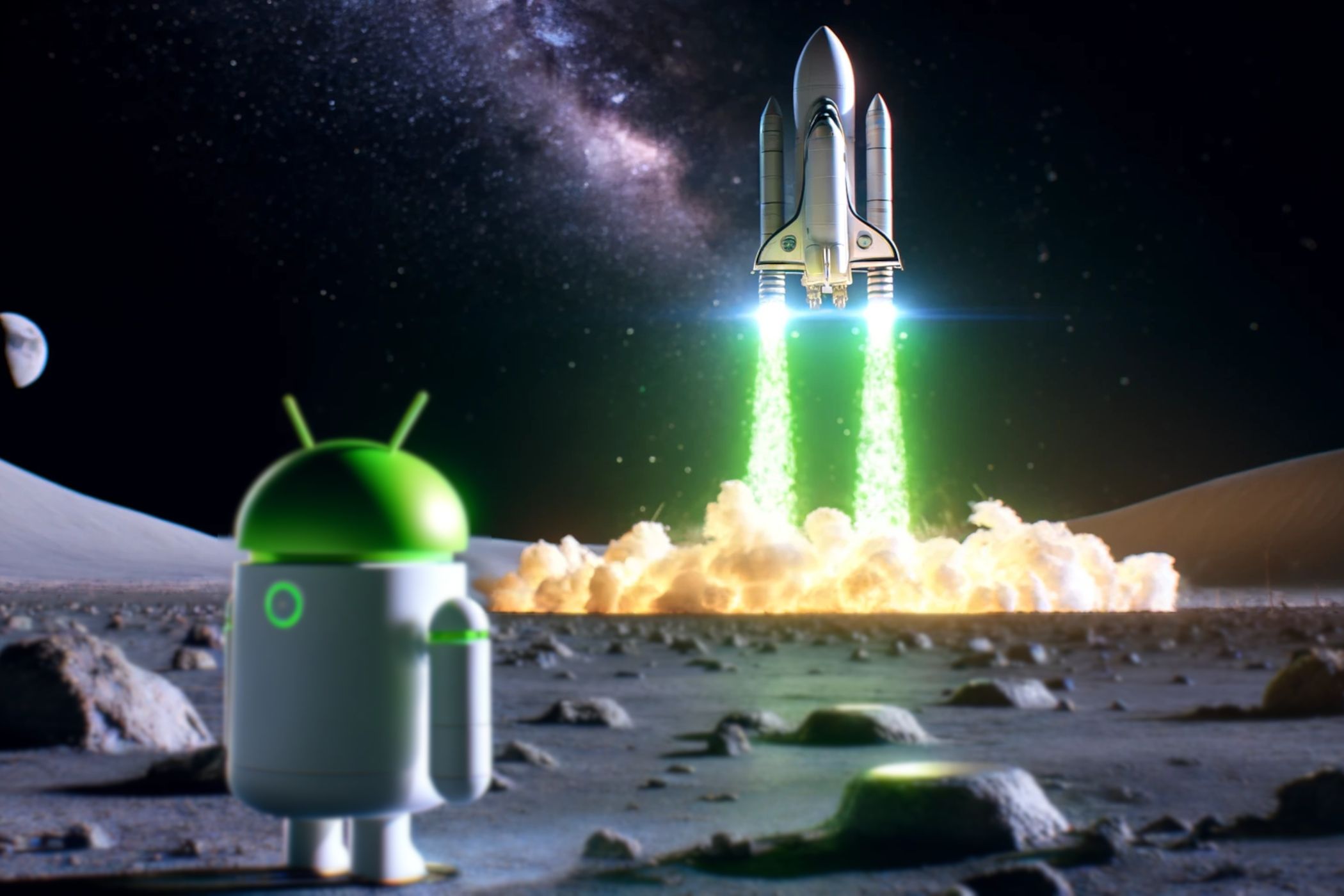 Spaceship blasting off into space as an Android robot watches.