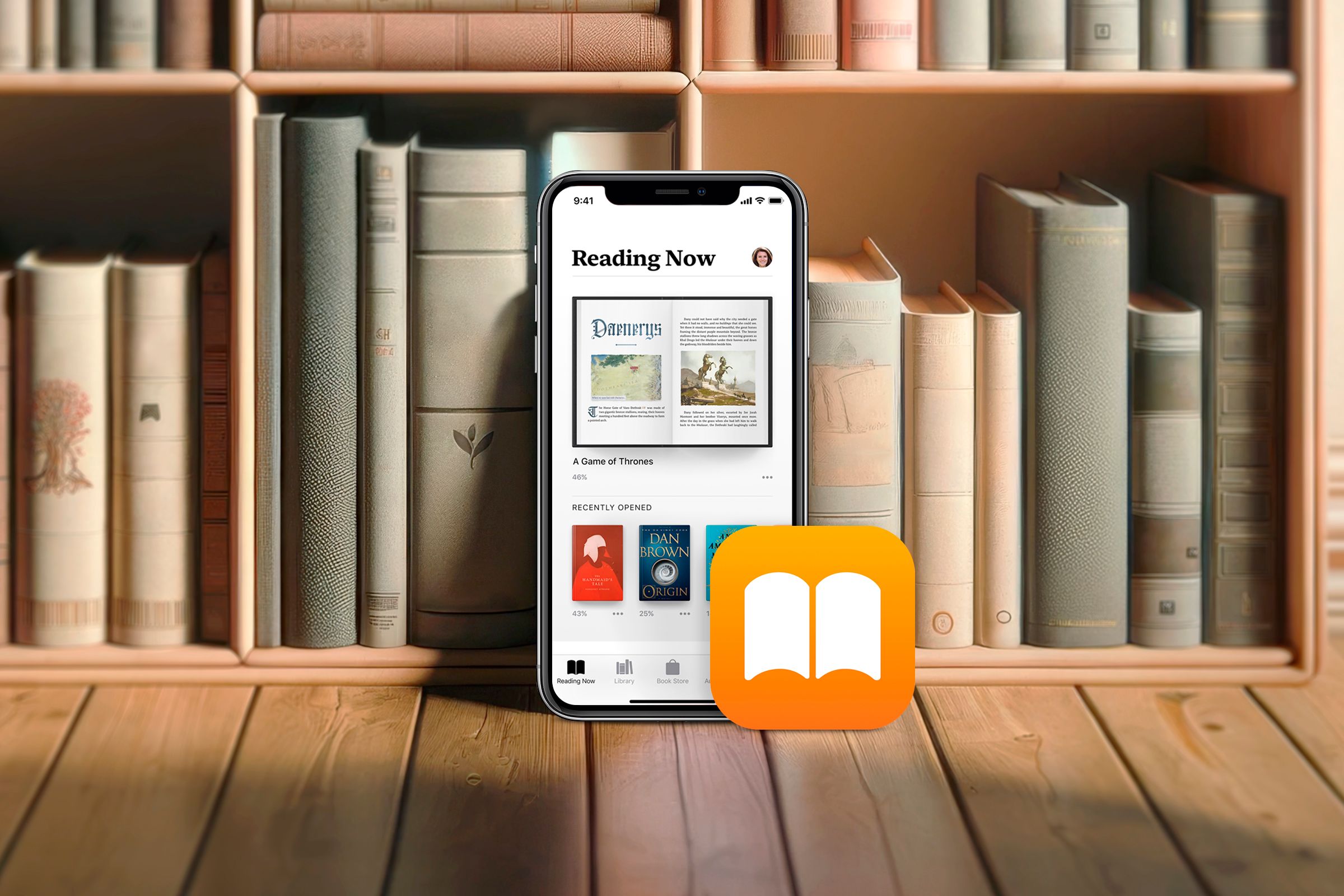 An iPhone in front of a bookshelf with the apple books app open and its logo on the bottom right.
