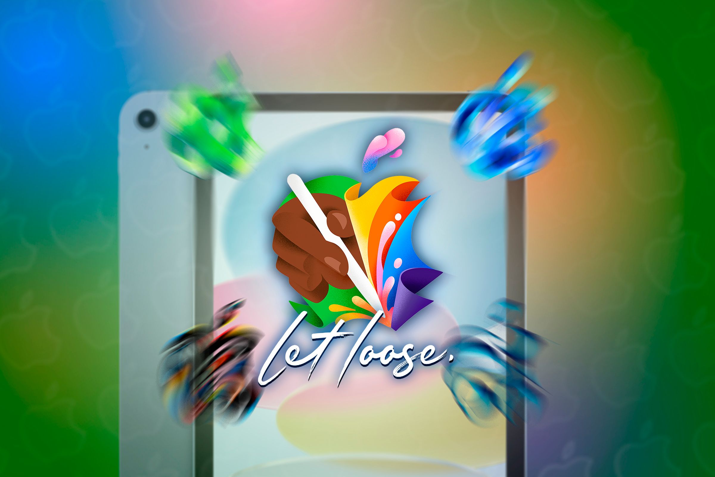Logo of the Apple Let Loose event, which is an illustration of an apple with a hand holding the Apple Pencil and the text 'let loose' below and an Ipad in the background.