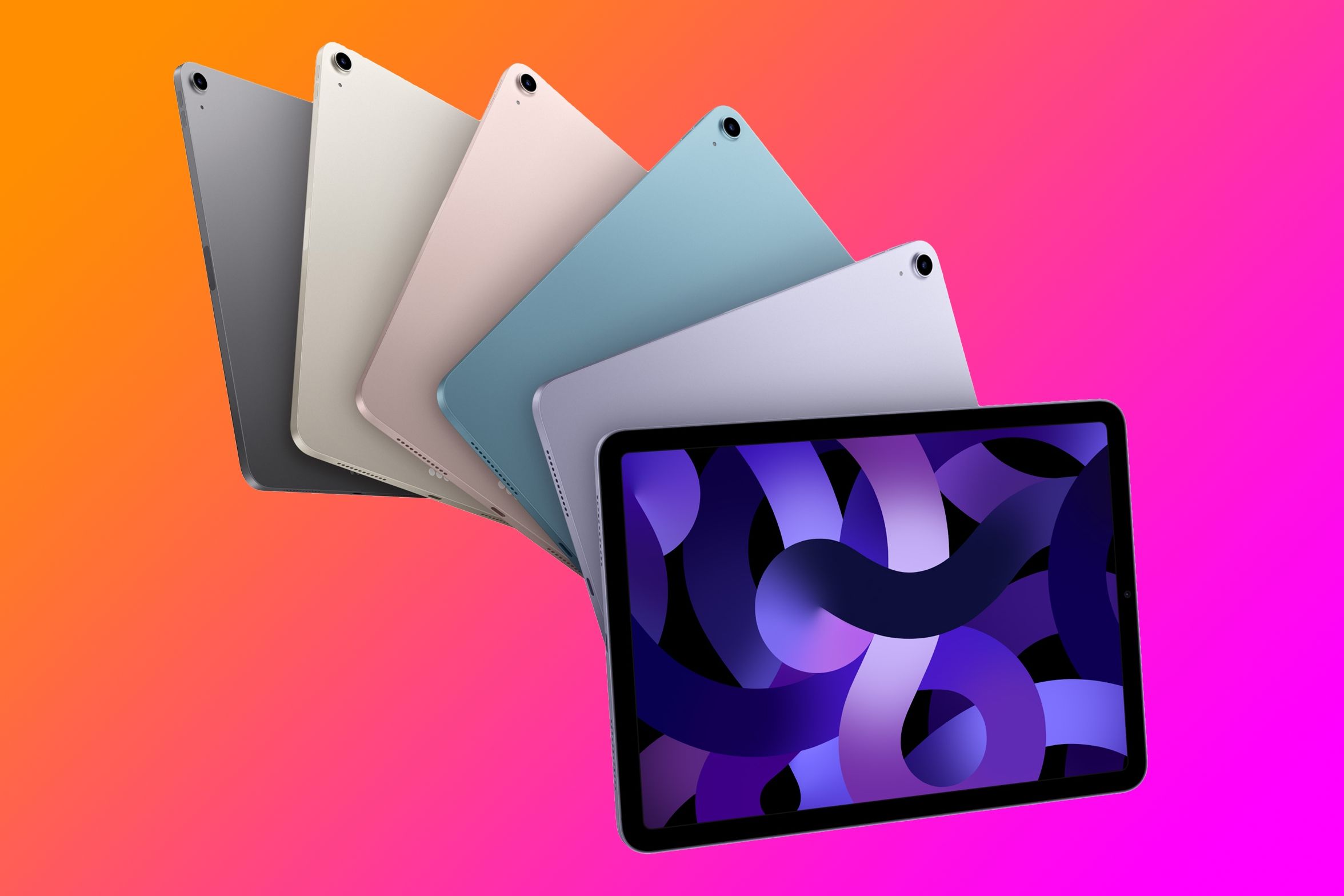 Six iPad Air tablets, fanned out, showcasing the available color options