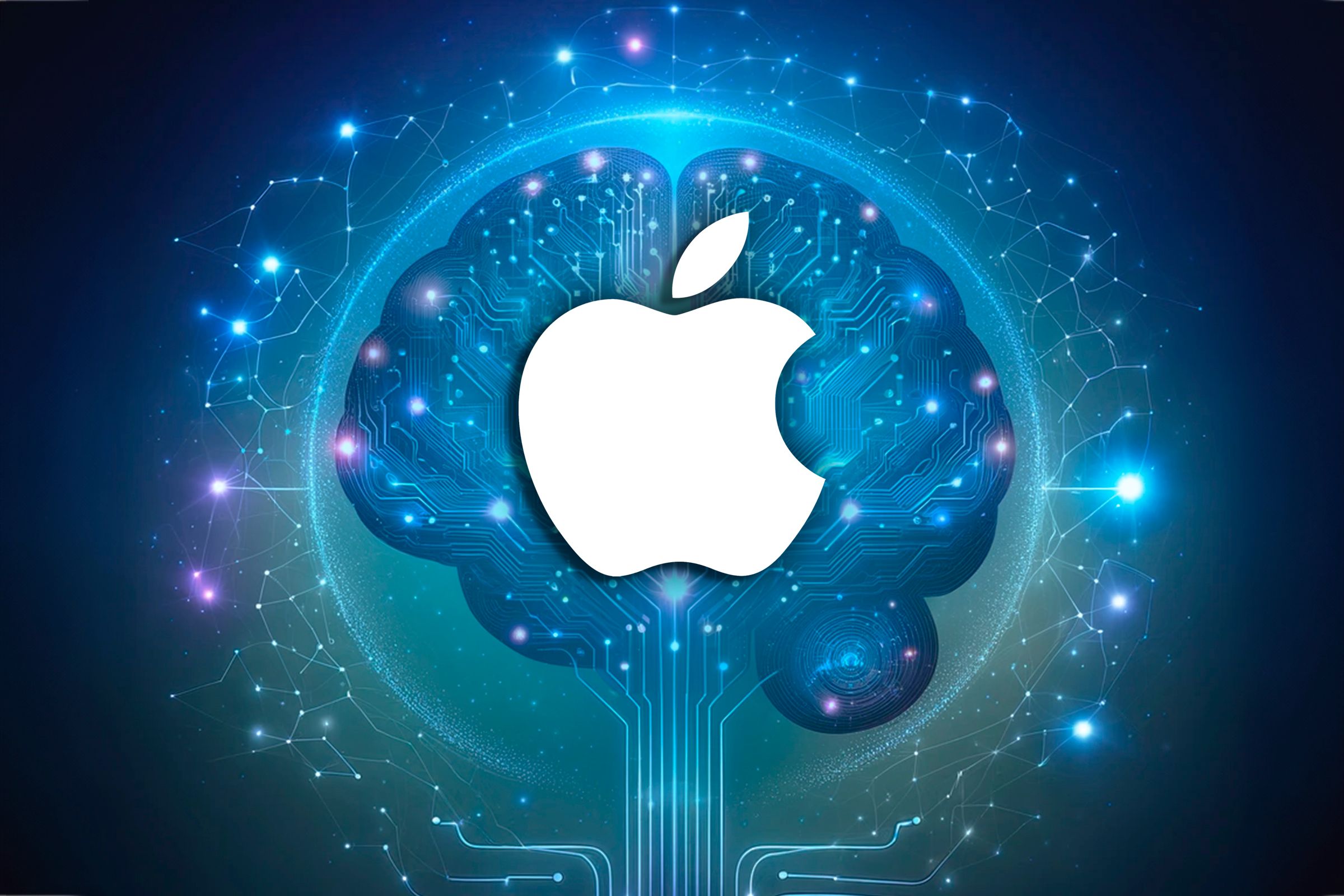 Apple logo in the center and a brain with several connections in the background.