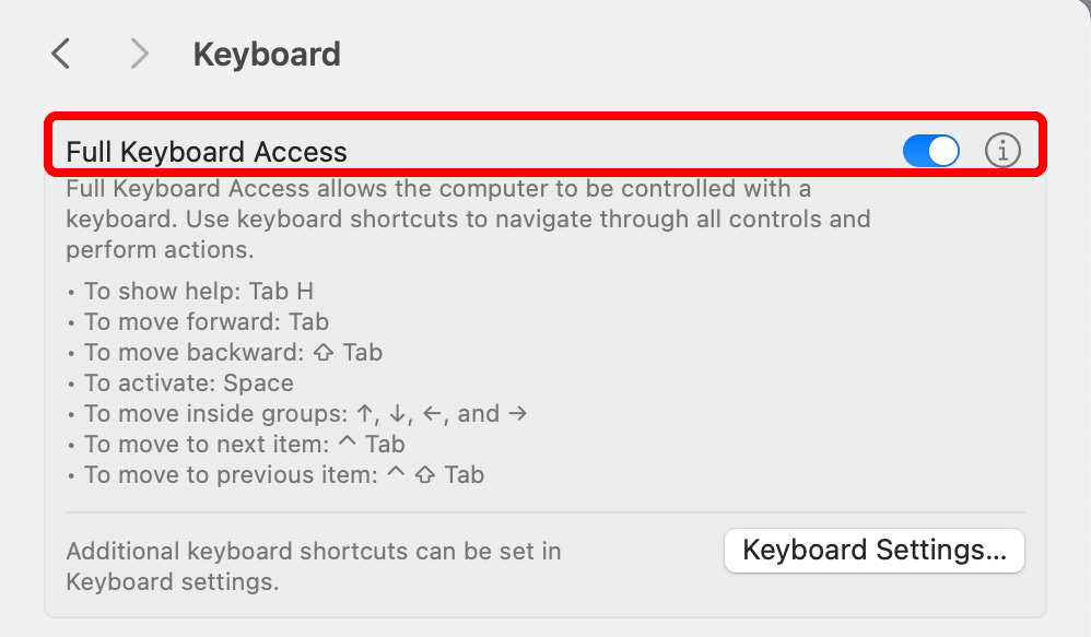 macOS System Settings with the Full Keyboard Access option enabled.