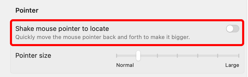 macOS System Settings with the mouse shaking feature disabled.
