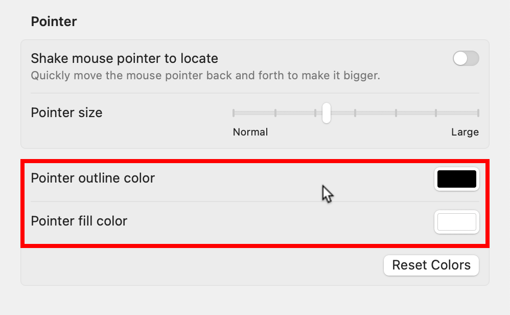 Changing macOS pointer fill and outline colors in System Settings.