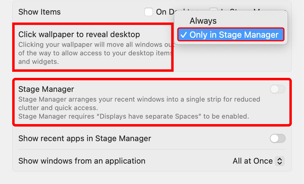 Disabling macOS wallpaper clicking and Stage Manager in System Settings.