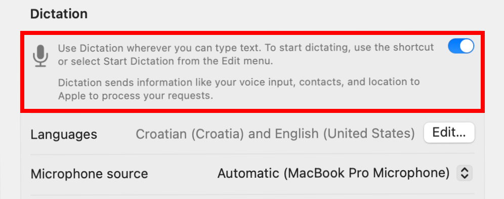 macOS System Settings with the keyboard dictation feature turned on.