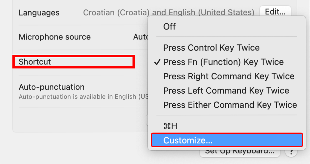 Customizing the dictation keyboard shortcut on macOS System Settings.