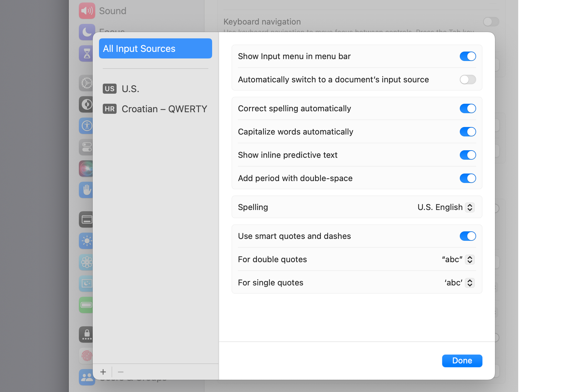 macOS System Settings displaying options for the keyboard input sources.