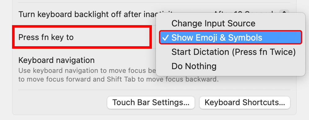 macOS System Settings with the function key configured to show emoji viewer.