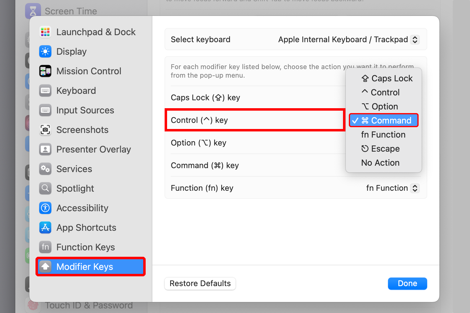 macOS System Settings with the keyboard settings showing the Control key remapped to the Command key.