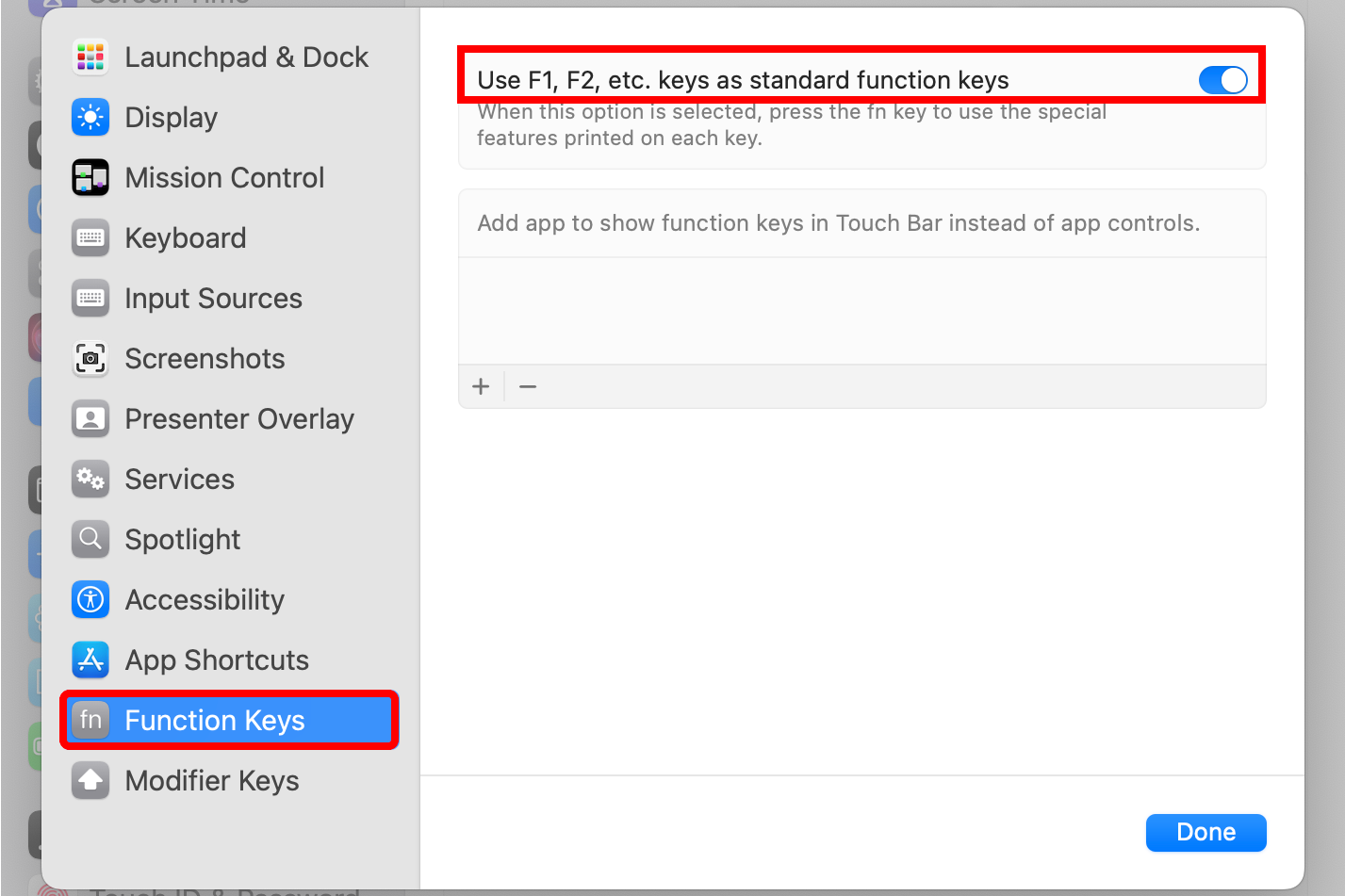 macOS System Settings with the option to use function keys as standard F1, F2, etc. keys enabled.