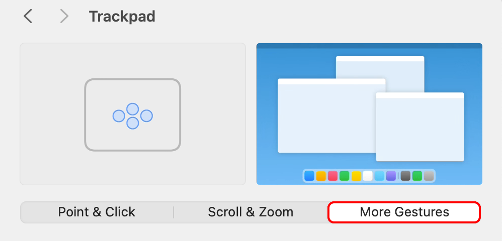 macOS System Settings showcasing More Gestures for the trackpad.