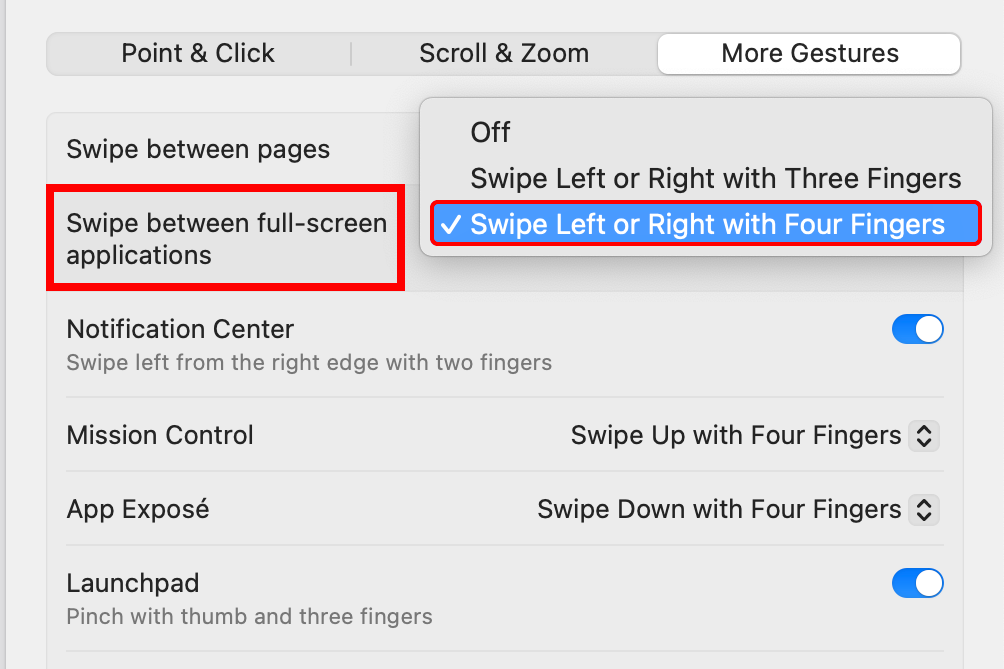 macOS System Settings with the four-finger trackpad swipe configured to switch between fullscreen apps.