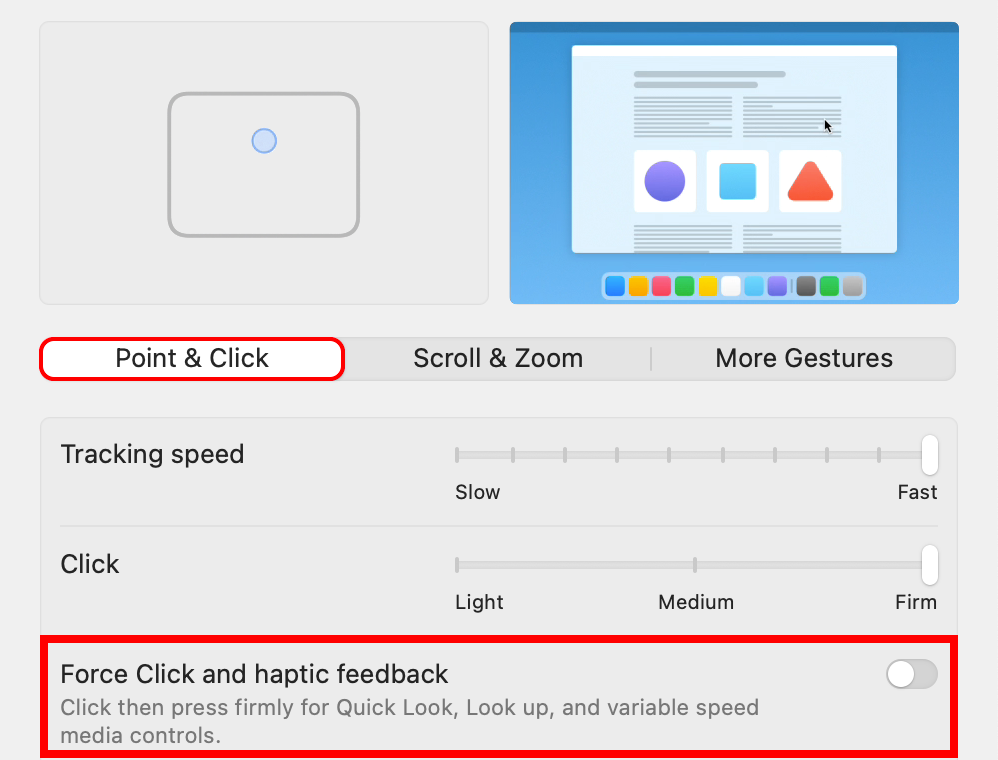 macOS System Settings with the Force Click and haptic feedback trackpad features disabled.
