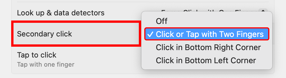 macOS System Settings with the Secondary Click feature set to two-finger trackpad tap.