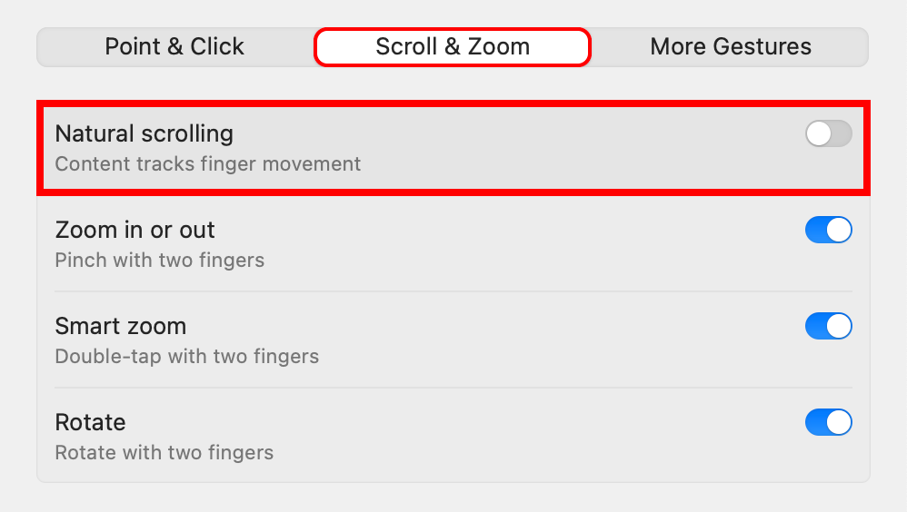 macOS System Settings with the Natural Scrolling feature disabled.