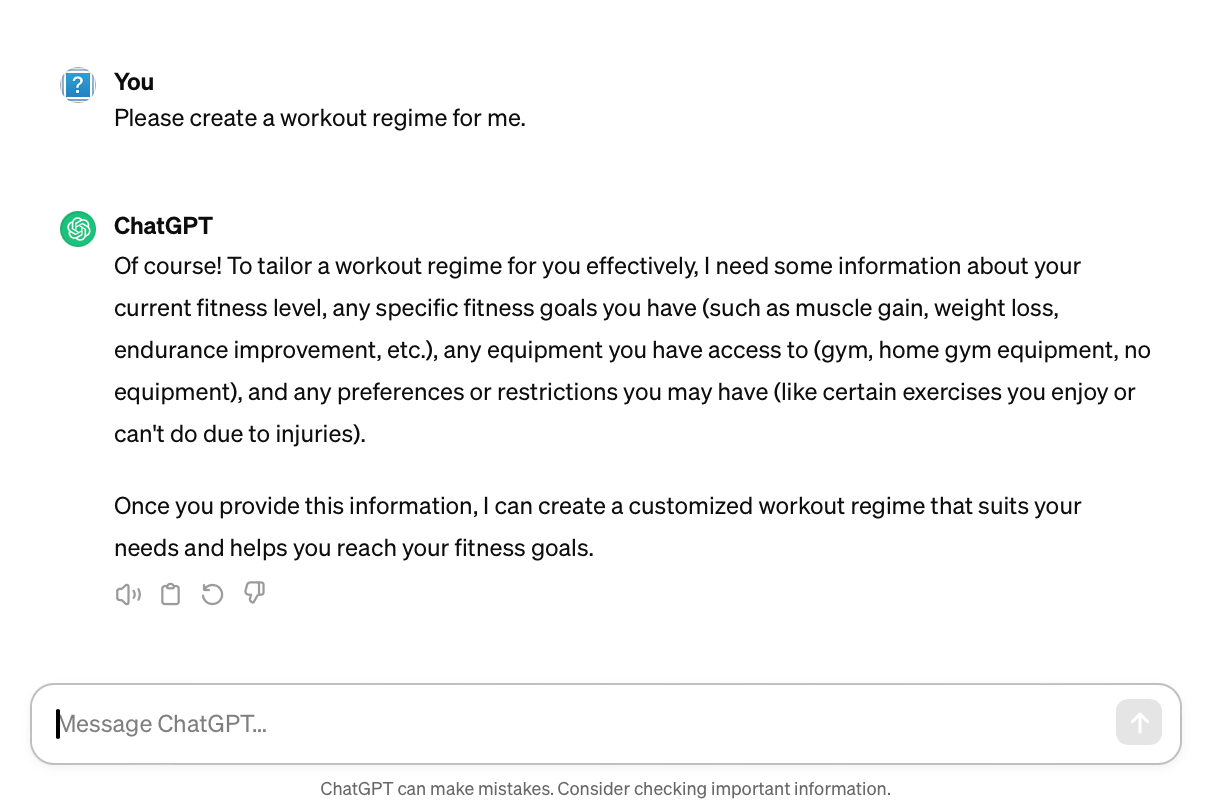 Asking ChatGPT to create a workout routine.
