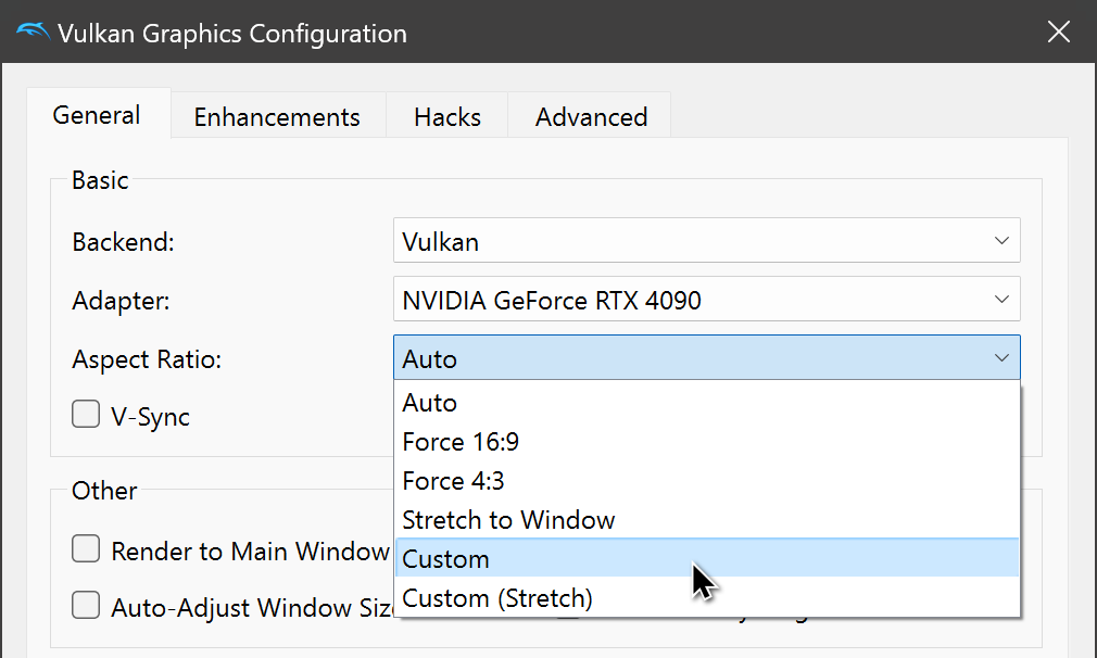 Dropdown menu with various aspect ratios in Dolphin settings.