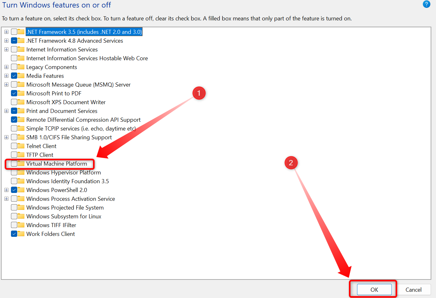 Disabling the Virtual Machine Platform in Windows 11.