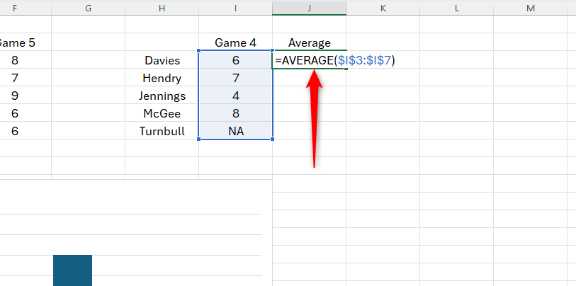 An Excel table with the average of the first data column being calculated in the second data column.