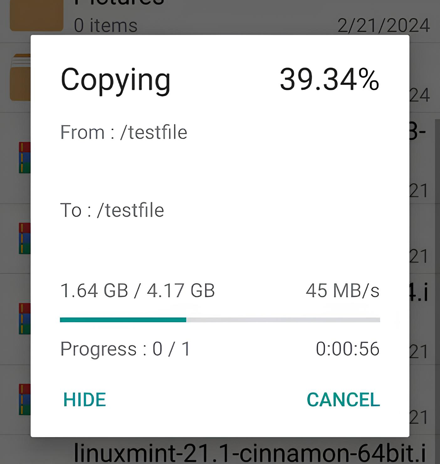 File transfer from the Android phone to the portable drive in progress.