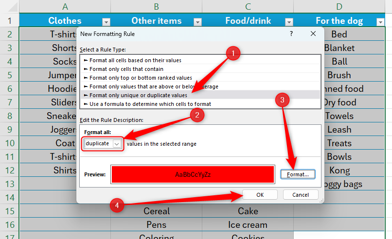 The Excel New Formatting Rule dialog box, with 'Format Only Unique Or Duplicate Values,' and 'Duplicate' highlighted. Then, 'the 'Format' and 'OK' buttons are also highlighted.