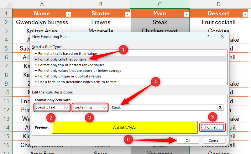 The Excel New Formatting Rule dialog box, with 'Format Only Cells That Contain,' 'Specific Text,' and 'Containing' highlighted. Then, 'Steak' is typed into the empty text field, and 'Format' and 'OK' are highlighted.
