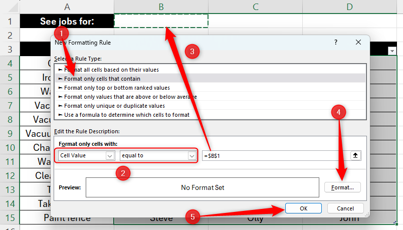The Excel New Formatting Rule dialog box, with 'Format Only Cells That Contain' highlighted. 'Cell Value' and 'Equal To' are selected in the drop-down box, and then the value in cell B1 is selected as the parameter. Then, the 'Format' and 'OK' buttons are highlighted.