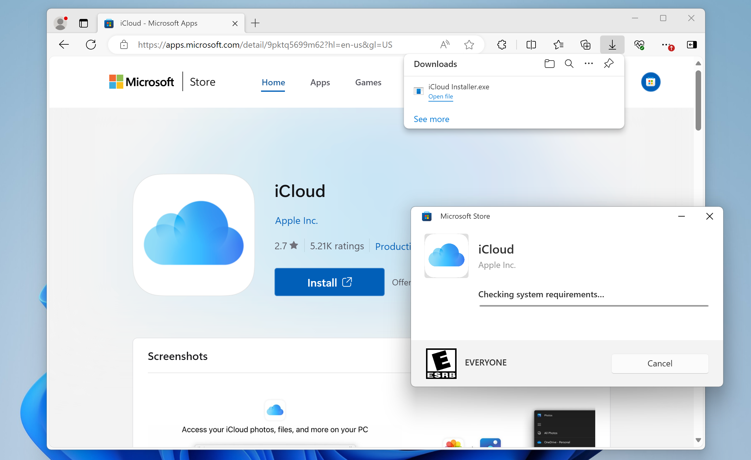Screenshot of the installer for iCloud opened from the Microsoft Store website.