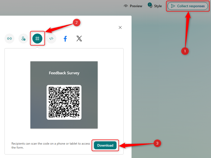 Microsoft Forms with 'Collect Responses,' the QR code option, and 'Download' highlighted.