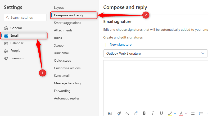 The 'Compose And Reply' option in the 'Email' settings of Outlook for the Web's main settings.