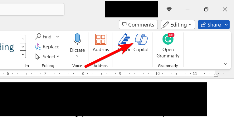 The Copilot button in Microsoft Word.