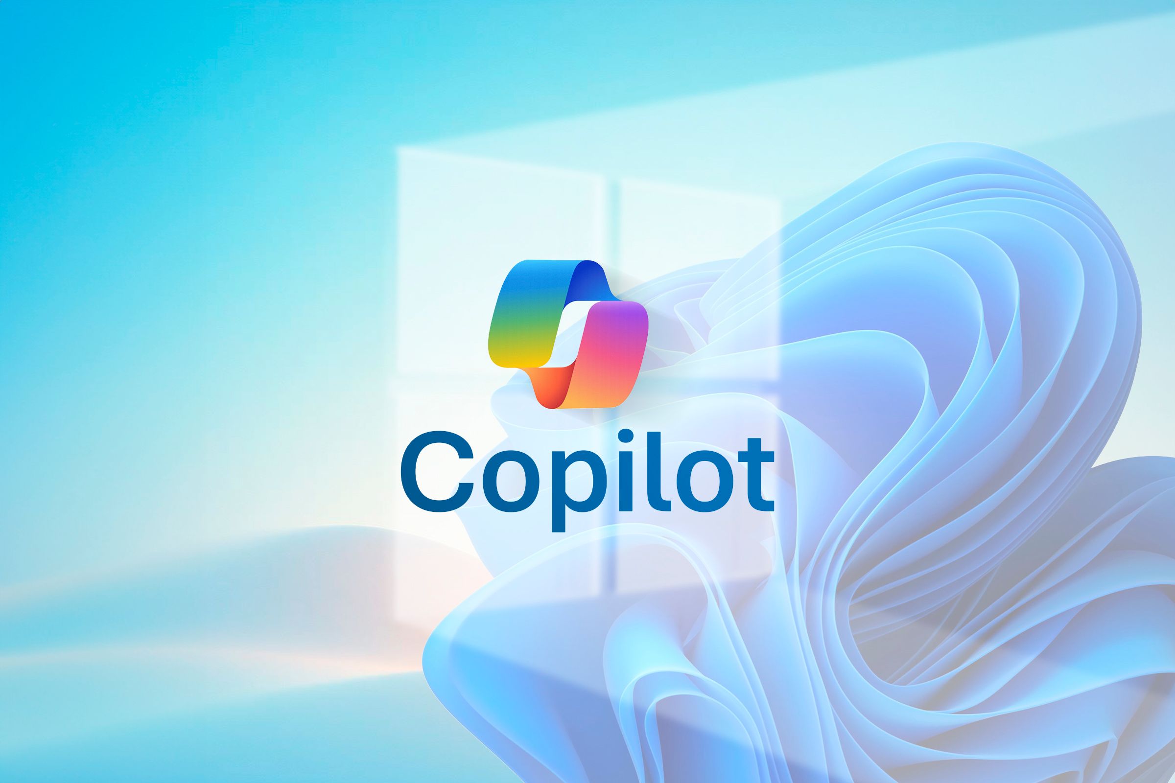 Copilot logo in the center with the Windows logo behind on a blue background.