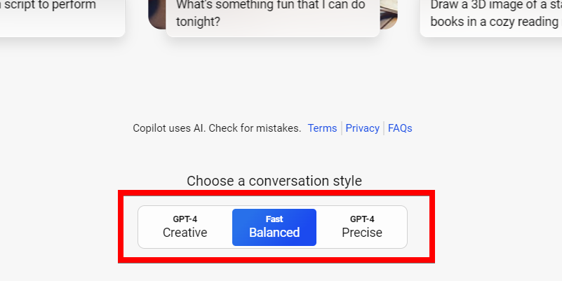 Changing Copilot's conversation style in a browser.