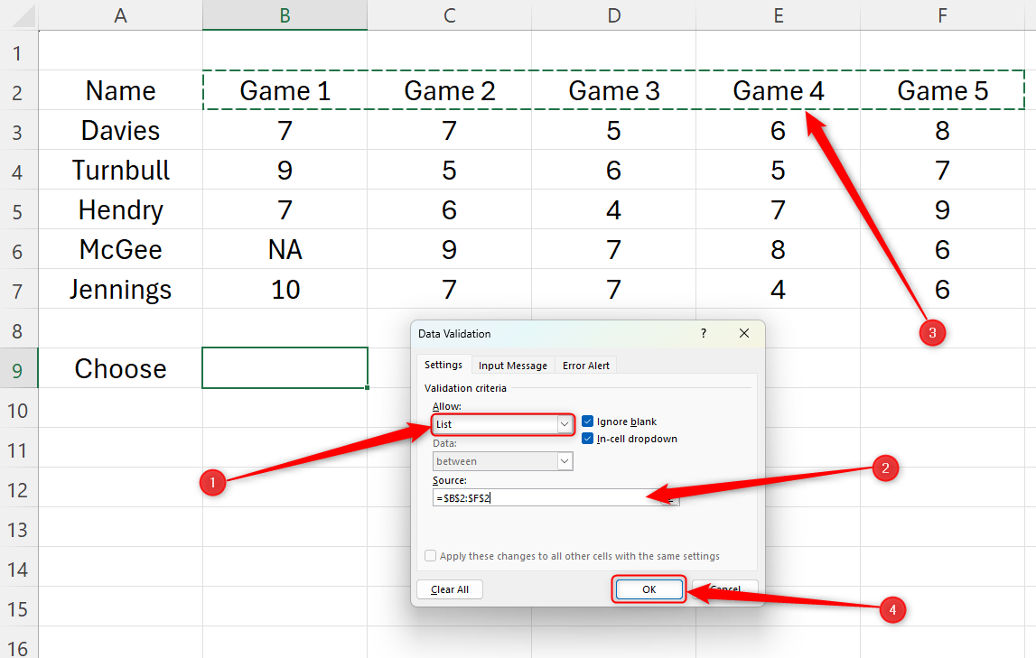 An Excel spreadsheet with the data validation window open. The Allow field contains the "List" option, and the Source field contains the column headers from the table.