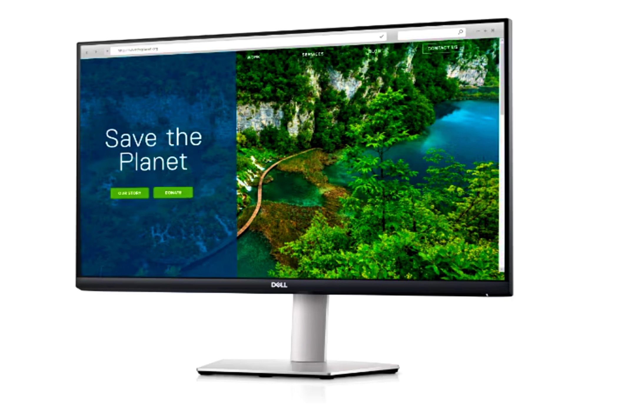 A monitor with &ldquo;Save the Planet&rdquo; on display.