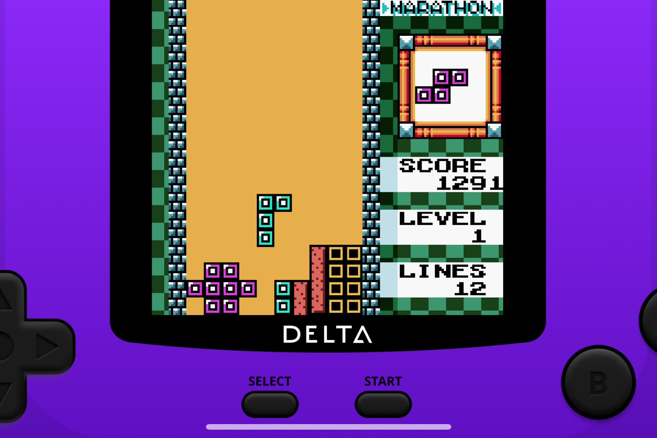 Tetris DX in the Delta emulator on an iPhone
