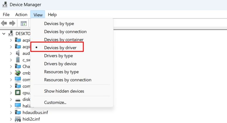 Devices by Driver option in the Device Manager.