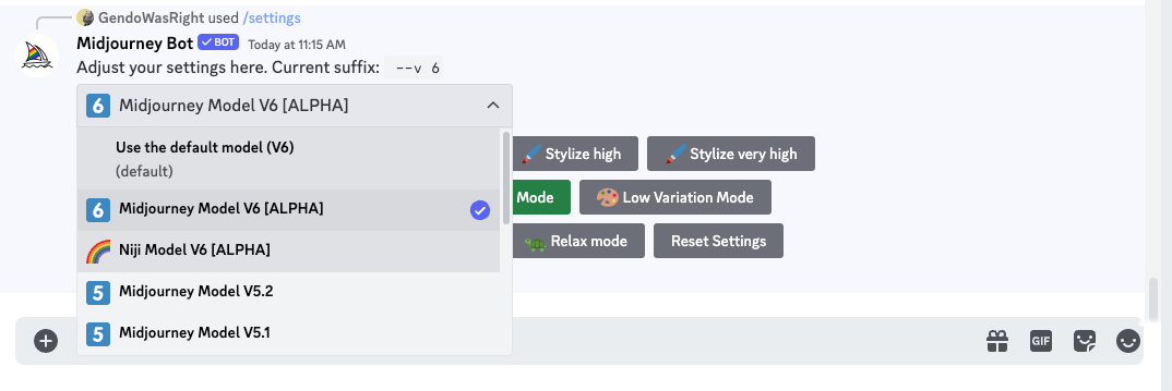 Discord MidJourney Select Model Menu.