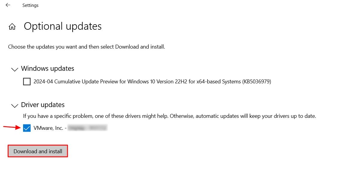 Download and Install button on Optional Updates window of Windows 10.