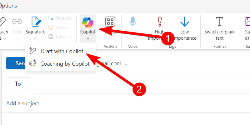 Drafting an email with Copilot in Outlook.