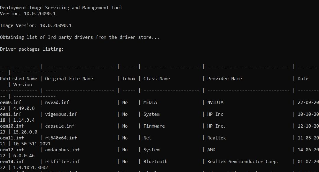 Driver list command in Command Prompt.