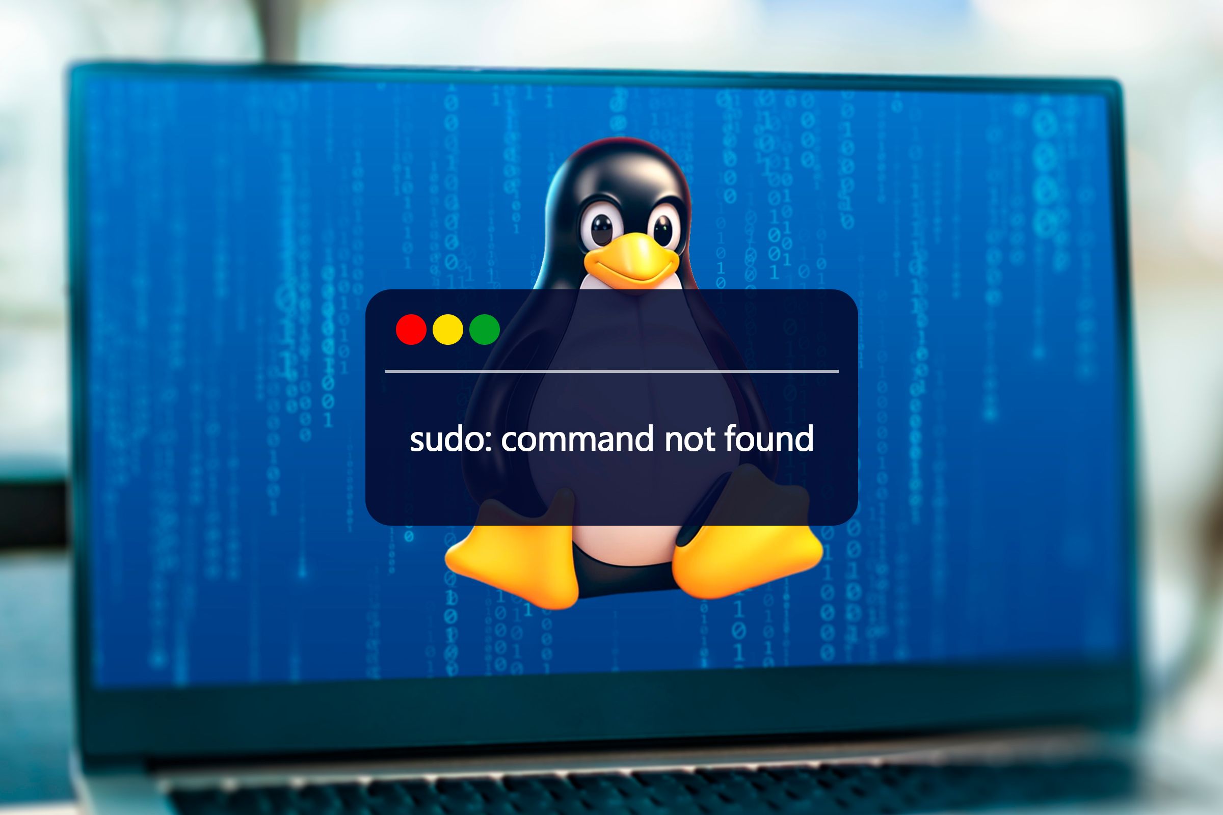 Example of a terminal with the error 'sudo command not found' and a notebook with the Linux mascot on the screen