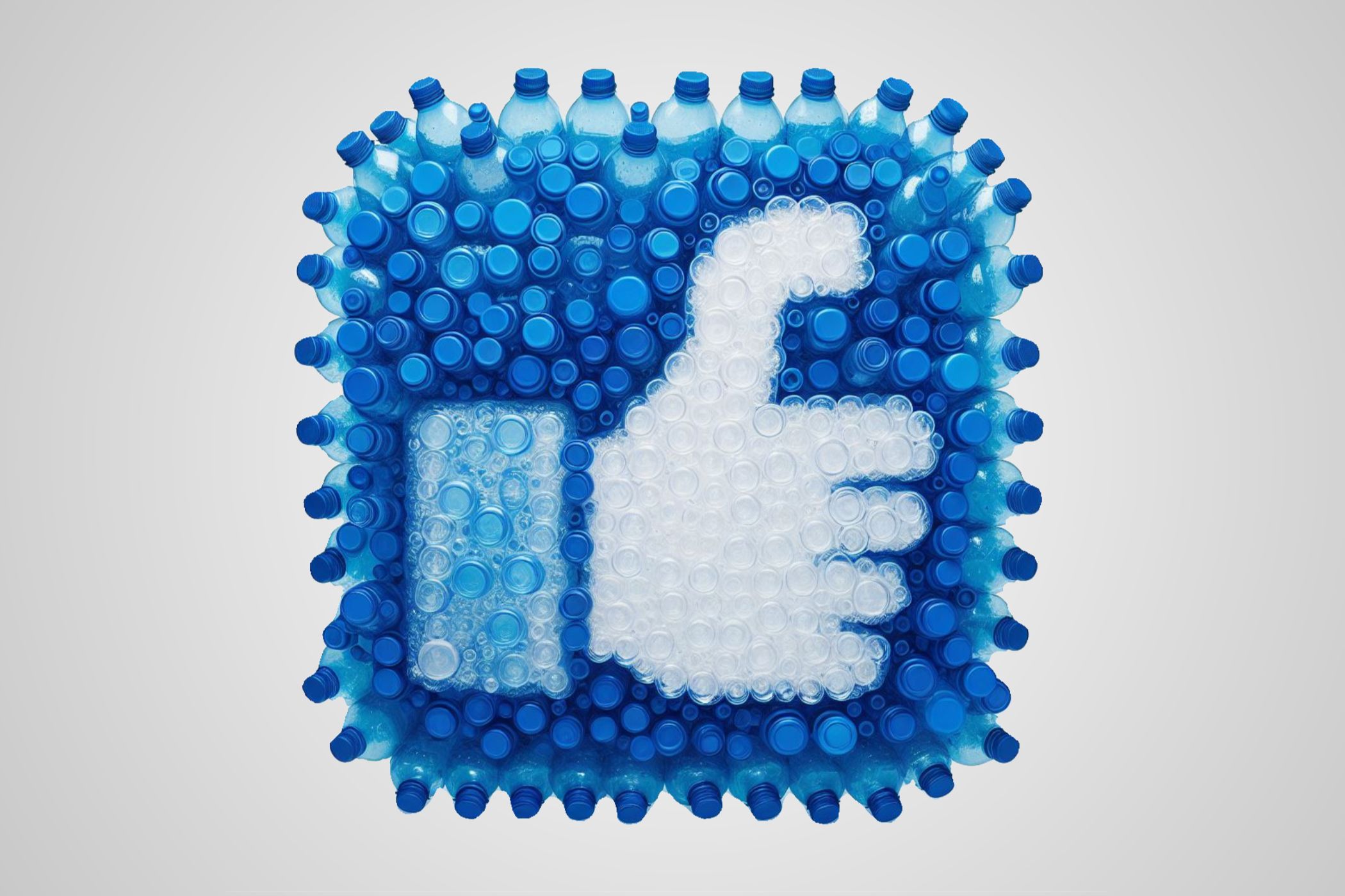 An AI-generated wonky Facebook thumb made from plastic bottles.