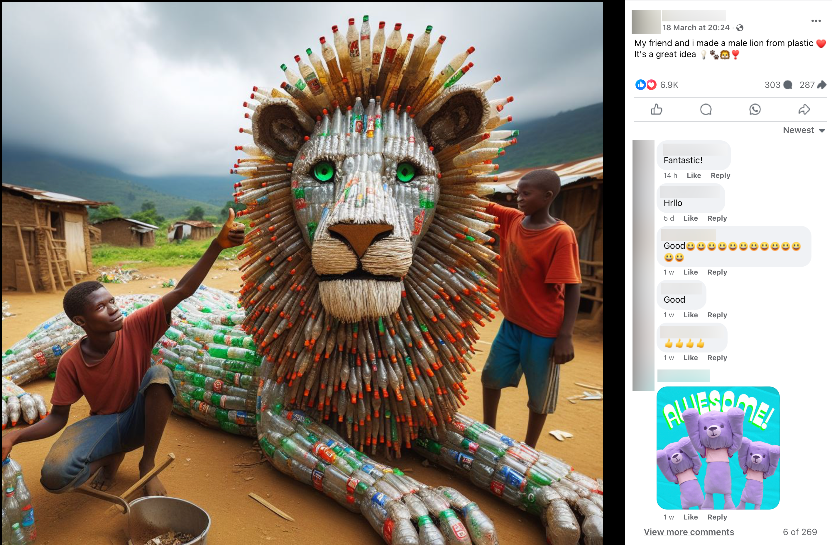 Facebook post of an AI-generated lion made from plastic bottles.