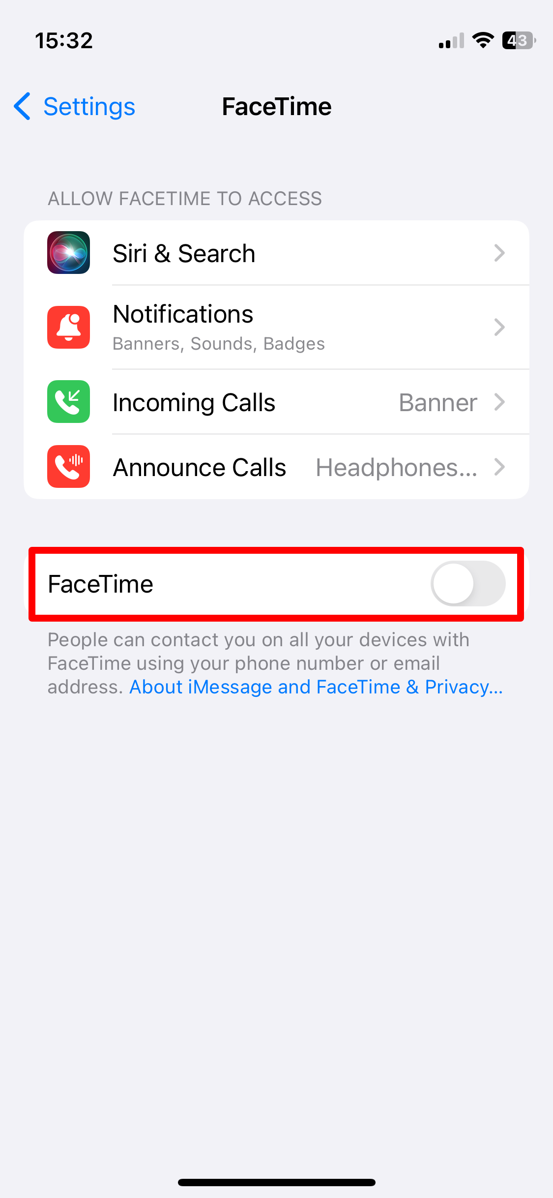 FaceTime setting disabled on iPhone.